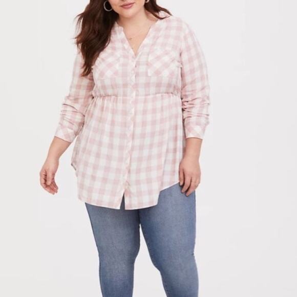 Torrid baby doll pink gingham button up long sleeve size 0 10 medium - Picture 3 of 7
